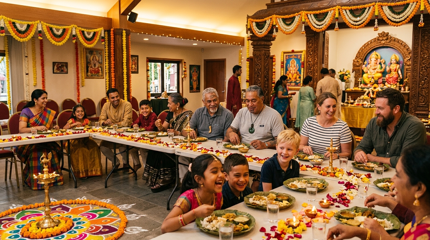 Multicultural community sharing a meal at the temple