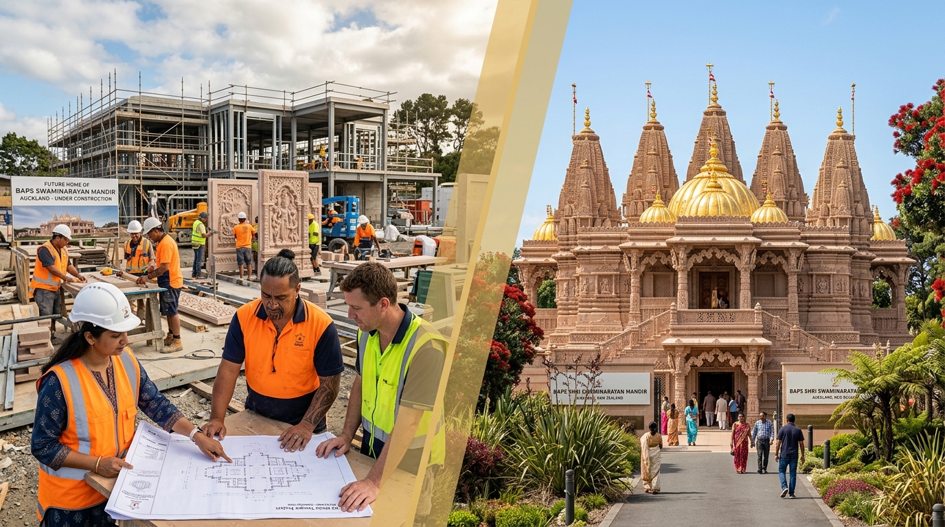 Temple construction progress — from blueprints to completed temple