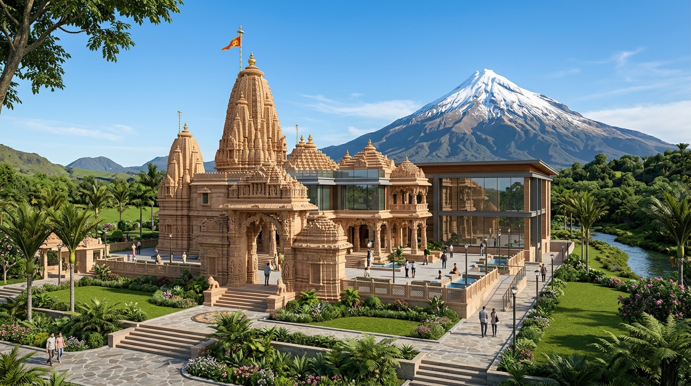 Architectural rendering of the Taranaki Hindu Temple showing traditional shikhara and modern elements