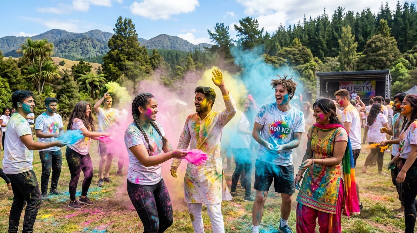 Youth celebrating Holi festival in New Zealand