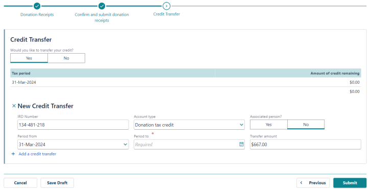 Step 5: Choosing to transfer donation credit refunds to another tax account or charity in myIR