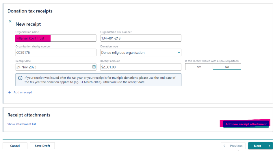 Step 4: Uploading receipt attachment and completing the entry fields in MyIR